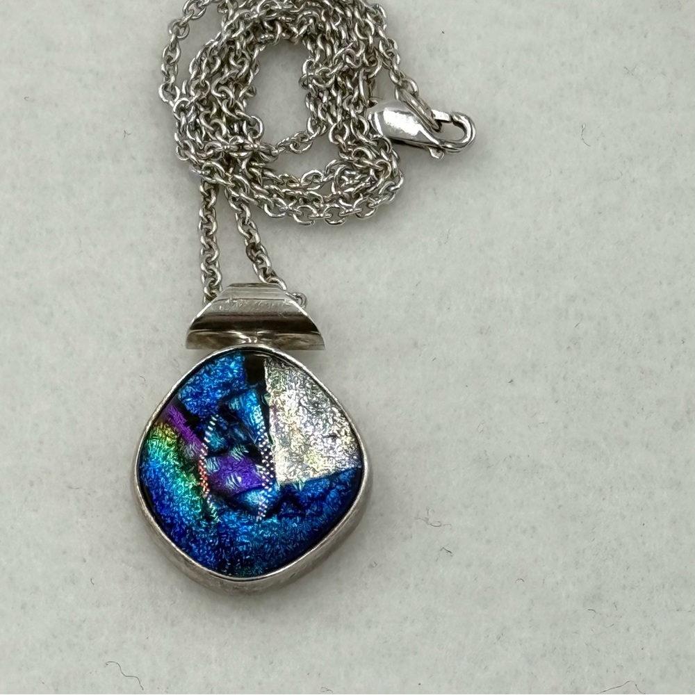 Fused Dichroic Glass & Sterling Silver Pendant w/Sterling 18" Chain | Vintage